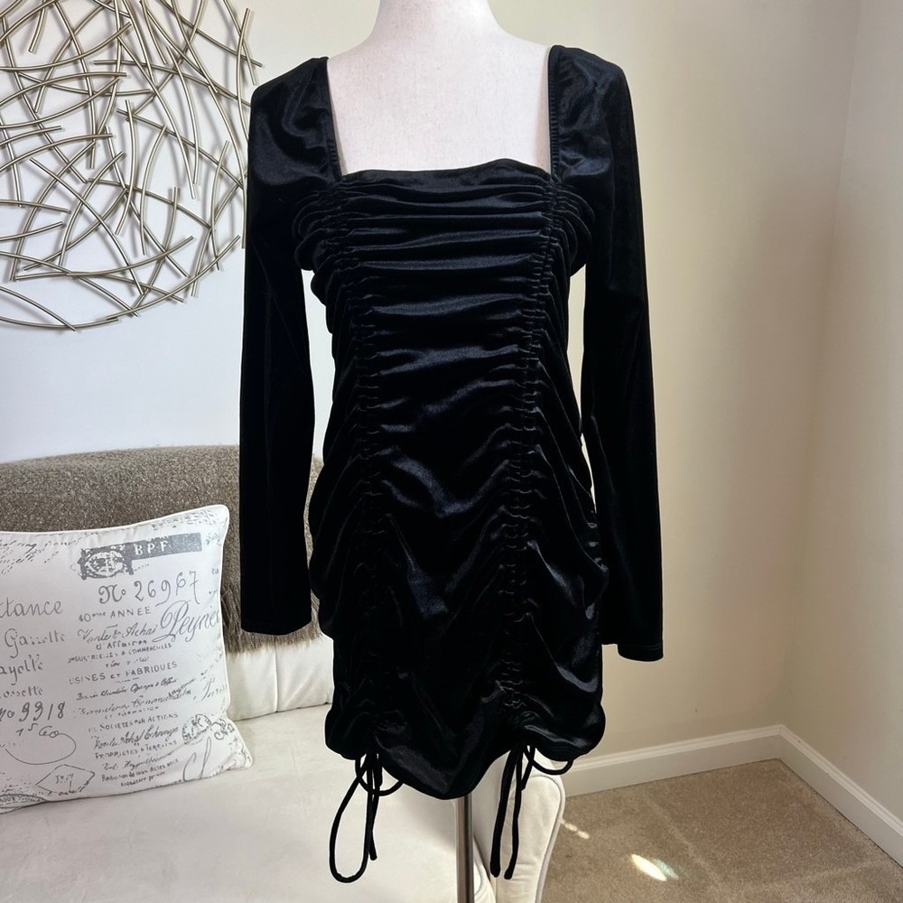Y2K Soft Goth Black Velvet Ruched Mini Dress Dark Romantic Whimsigoth‎ Bodycon